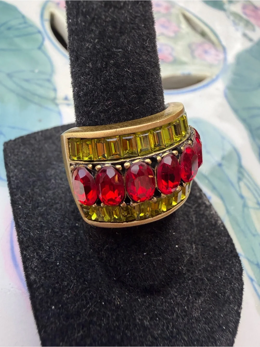 Heidi Daus Red and Olive Green Crystal Statement Ring *Size 9.75 & 7 available